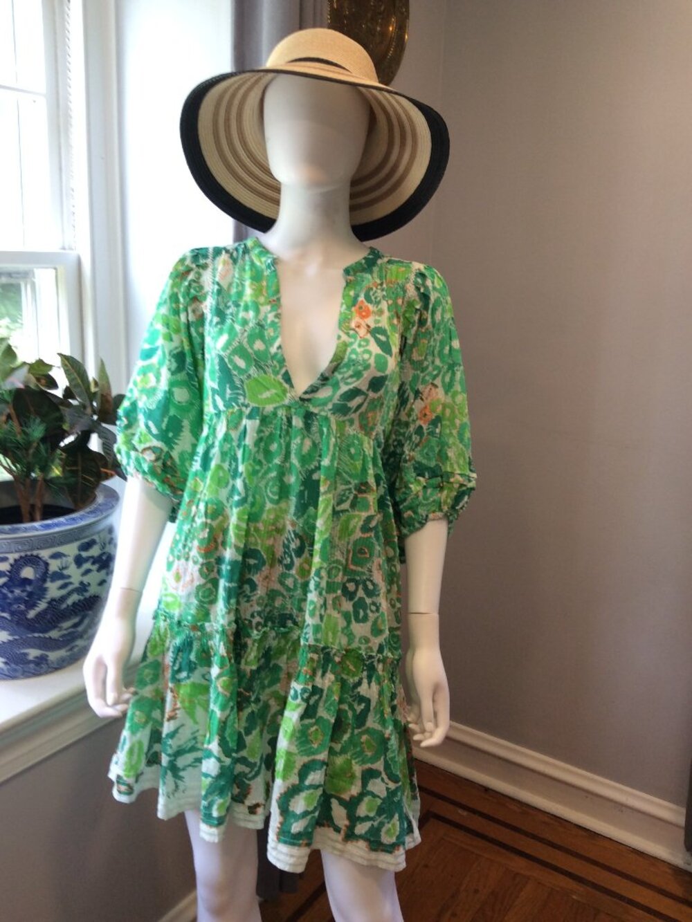 Poupette St. Barth Green Floral Ruffle Dress Women's Mini Dress Size XL
